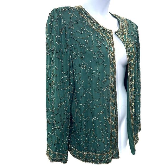 Vintage JMD New York Beaded Jacket Green Gold Black Open Front Top Size Large - Picture 5 of 12